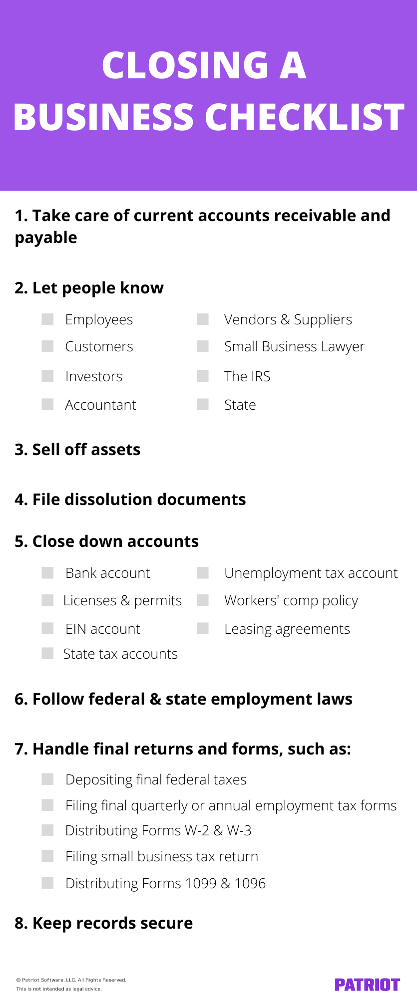 closing a business checklist; short version of following 8 steps