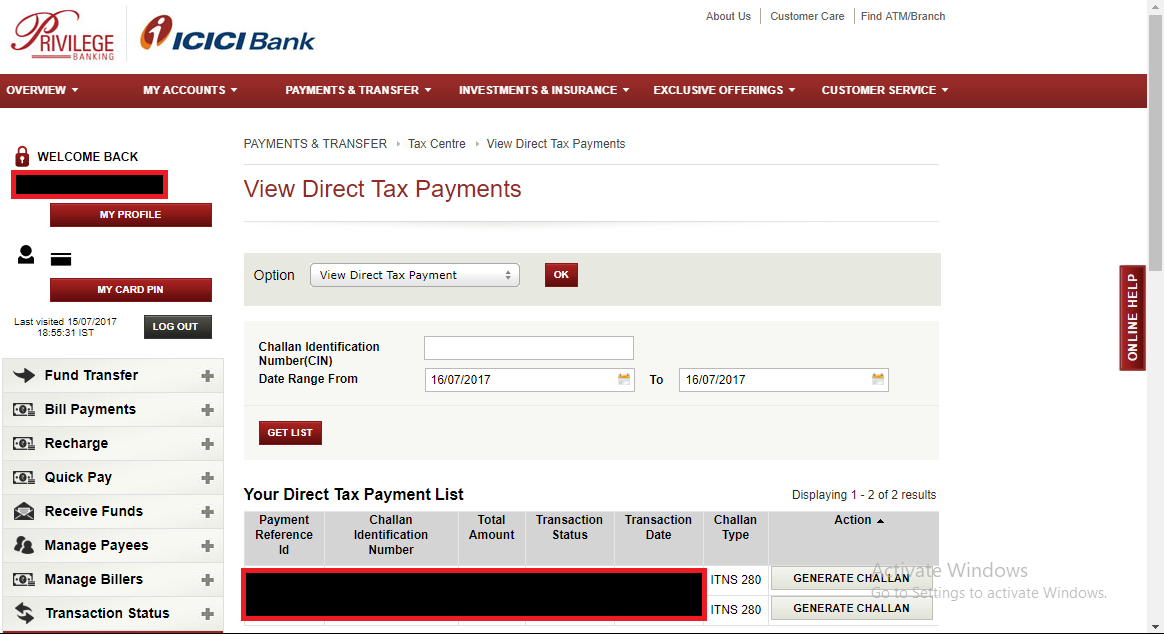 ICICI Bank - Reprint Tax Challan - Form 280 - Screen 3