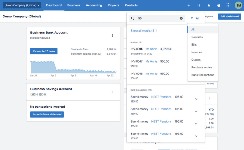 An in-product image of Xero's 'Global Search' function.