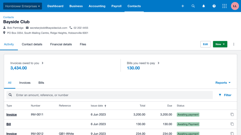 screenshot of a contact's overview page showing activity and invoices and bills owed relating to that contact