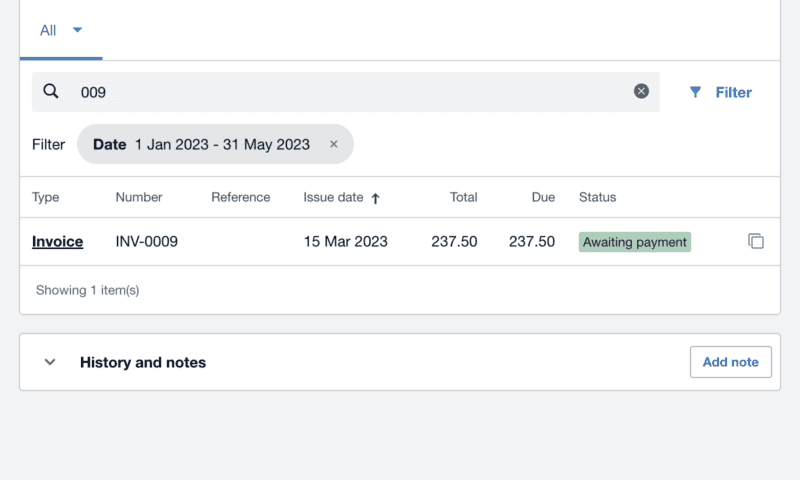 screenshot of new search and filter feature in xero product showing an example of someone searching for an invoice number