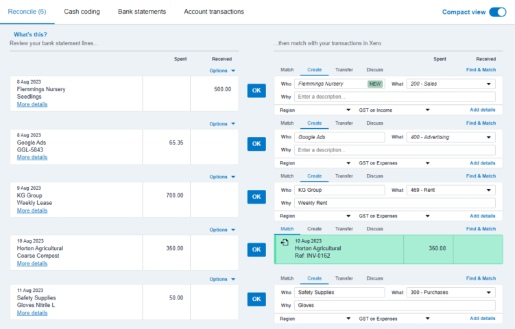 screenshot showing new bank reconciliation contacts suggestions powered by AI