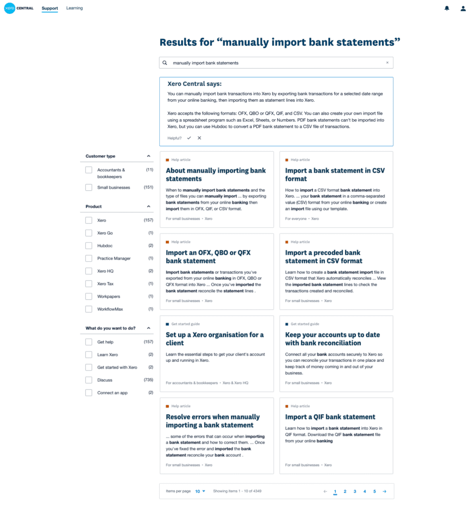 Xero Central example of new generative AI tool that helps with finding support content