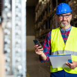 Smiling construction worker holding an envelope and phone.